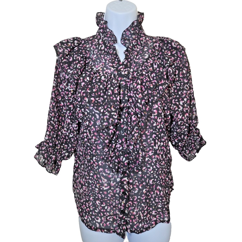 The Shirt Rochelle Behrens Jill Ruffle‎ Shirt Half Sleeve Black Pink Leopard XS